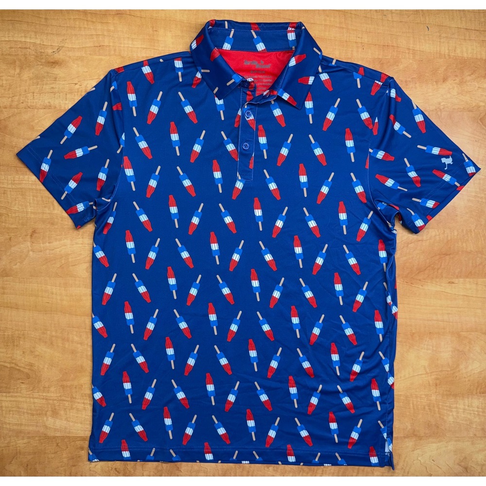 Birdie Bound Mens Rocket Popsicle Golf Polo Shirt Blue Red White Small